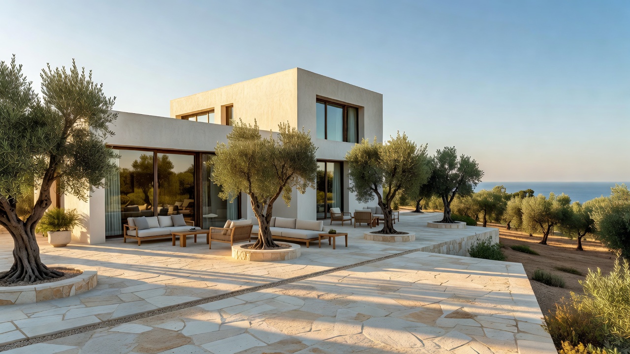 Contemporary Mediterranean Villa with Sunlit Terrace and Olive Trees