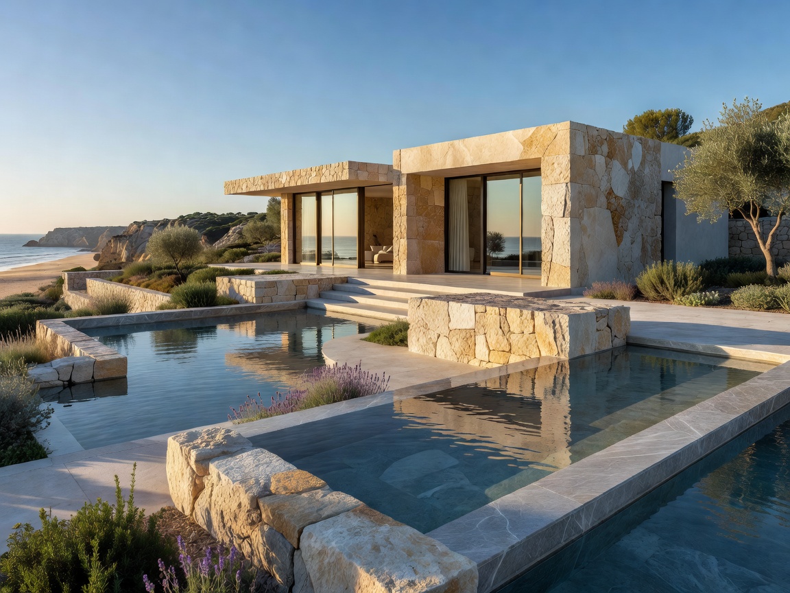 Contemporary villa in Algarve Portugal with raw stone and water channels