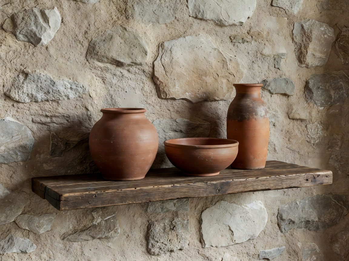 Detailed close-up of textured limestone wall, wooden shelf and terracotta pottery