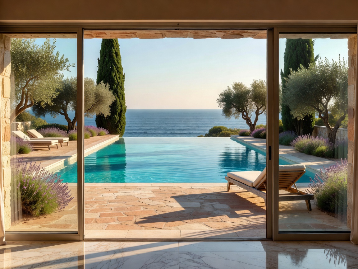 Floor to ceiling glass sliding doors open to Mediterranean swimming terrace