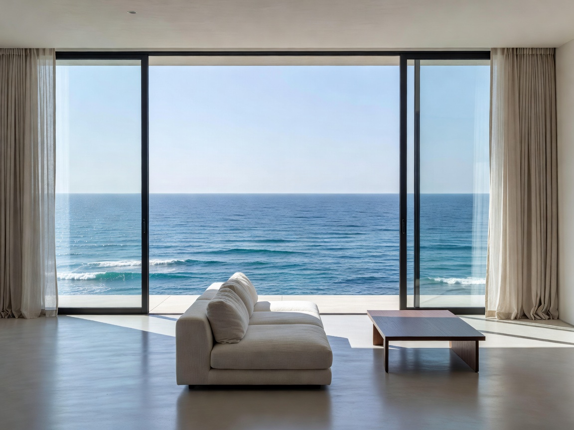 Interior living room overlooking the sea through floor-to-ceiling glass sliding doors