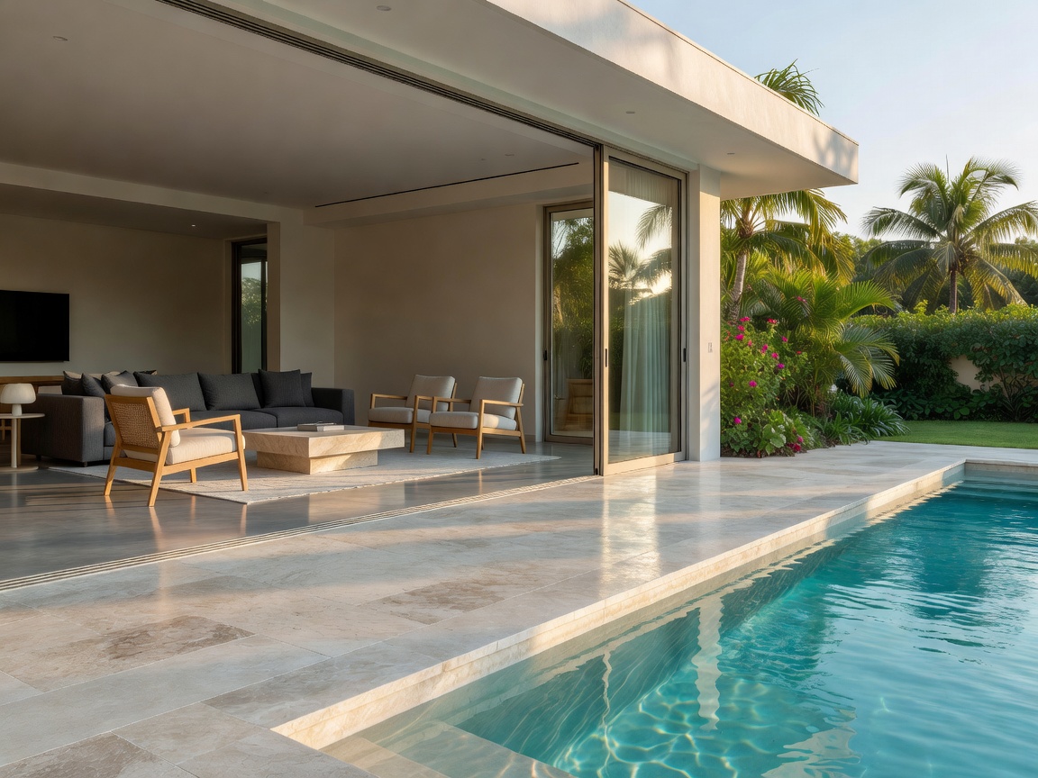 Modern open living room opening directly to limestone swimming pool deck