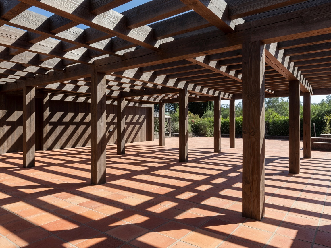 Modern timber pergola casting linear shadows across terracotta terrace