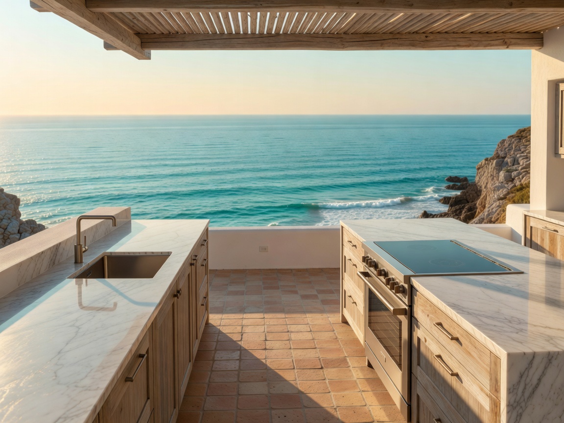 Open air modern Mediterranean kitchen overlooking sea