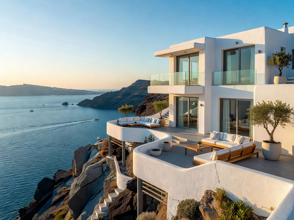 Santorini modern whitewashed cliff home with Aegean views