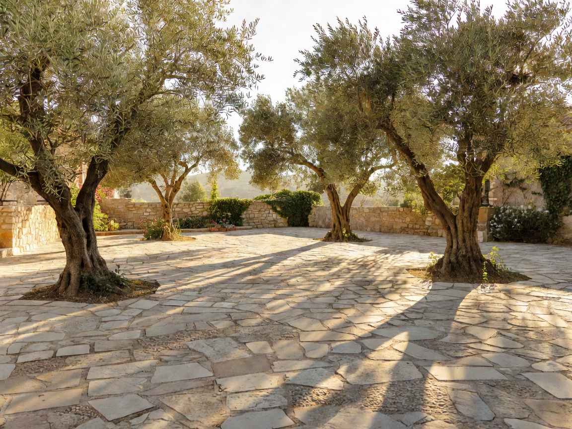 Sunlit terrace courtyard with stone pavers and olive trees