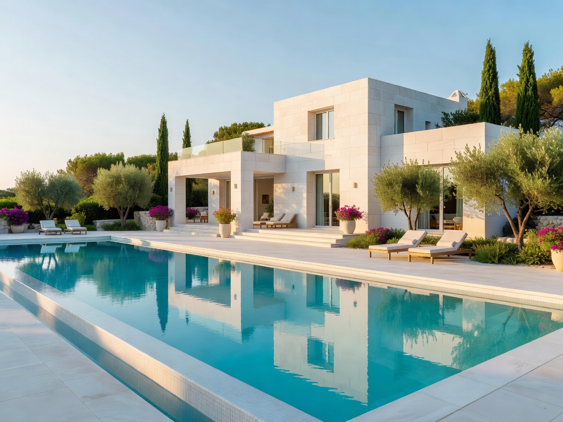 Villa Cova Blanca white limestone exterior in Ibiza with swimming pool